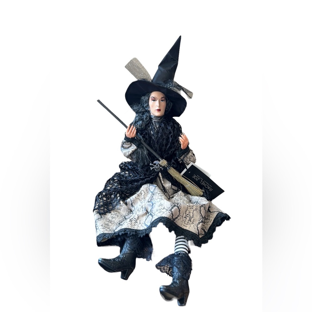 Halloween Witch Doll w/Skull Black Lace Faux Snake Skin Dress 25" Shelf Sitter - Picture 1 of 6